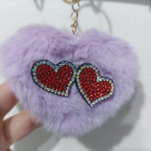 Heart Shaped Purple Pom Pom Keychain With Rhinestone Hearts Lovely Cute